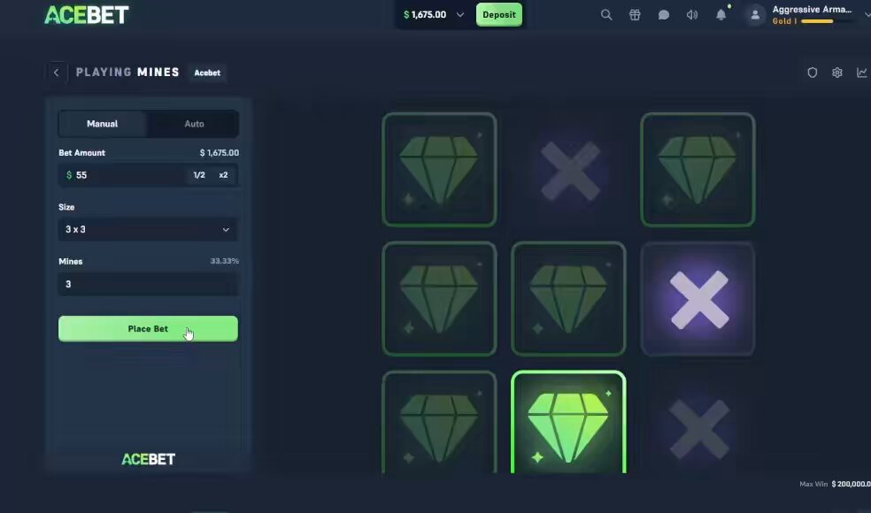 The image shows a screenshot from an online casino game called "acebet", which features a grid with green diamonds representing the mines, and purple diamonds representing the players' choices. The player has chosen to play against the computer, as indicated by their choice of diamond color. The game is set in a dark blue background, and there are several options for the player to choose from within the game.
