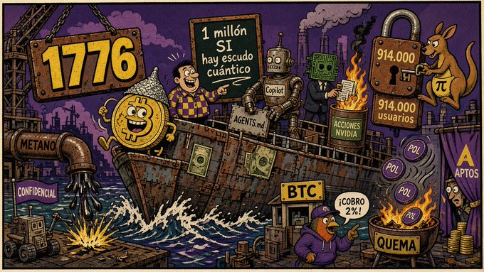 A colorful illustrated graphic with Spanish text depicting various crypto and tech themes including '1776', '1 millón SI hay escudo cuántico', '914.000 usuarios', 'METANO', 'AGENTS.md', 'ACCIONES NVIDIA', 'BTC', 'QUEMA', and 'POL' tokens with a 'COBRO 2%!' kangaroo character.
