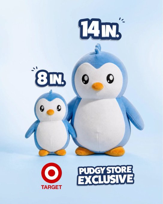 An advertisement showing two plush penguin toys in 8-inch and 14-inch sizes, marked as 'PUDGY STORE EXCLUSIVE' and available at Target.