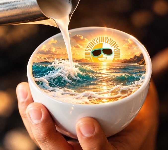 A surreal image of hands holding a white cup filled with an ocean wave and a smiling sun wearing sunglasses, with milk being poured into it from above.