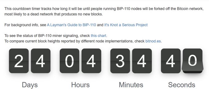 A countdown timer showing 24 days, 04 hours, 34 minutes, and 40 seconds until people running BIP-110 nodes are forked off the Bitcoin network.