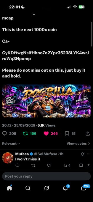 A Twitter/X post from 'mcap' promoting a crypto token 'DOGERILLA' with address 'CyKDftwgNsifHno7o2Ypz35238LYK4wrJruWq3Npump', captioned 'This is the next 1000x coin' with a reply from SolMufasa saying 'I won't miss it'.