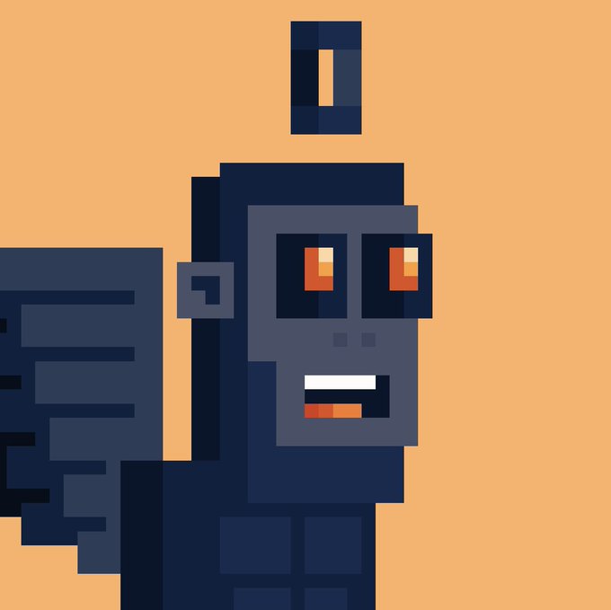 A pixel art illustration of a dark, zombie-like character with glowing orange eyes and bared teeth against a peach background.