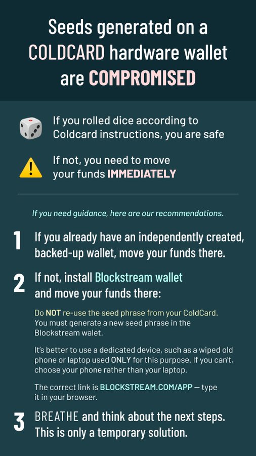 An infographic warning that seeds generated on a COLDCARD hardware wallet are compromised, advising users who didn't roll dice to move funds immediately, with recommendations to use Blockstream wallet (BLOCKSTREAM.COM/APP) and generate a new seed phrase on a dedicated device.
