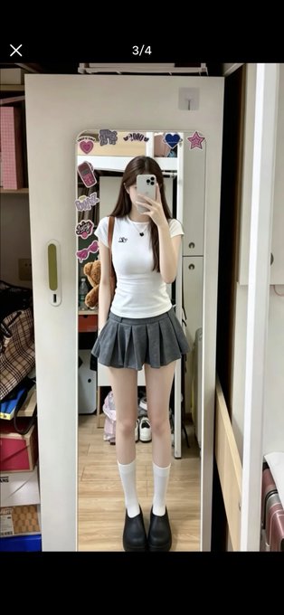A person takes a mirror selfie in a closet, wearing a white cropped tank top, gray pleated skirt, white knee-high socks, and black platform shoes, with the closet door decorated in colorful stickers. The number "3/4" is visible at the top, suggesting this is one of four outfit photos posted to sell the look on Xianyu, a secondhand marketplace.