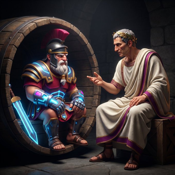 A digital illustration depicting a Roman warrior in glowing blue and gold armor sitting inside a barrel, conversing with a wise-looking figure wearing a toga and laurel wreath.
