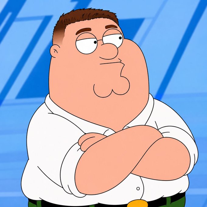 The image shows Peter Griffin from "Family Guy" with his arms crossed, looking sideways with a skeptical expression, set against a blue geometric background. The caption relates to the post by jokingly suggesting that the user's confused expression resembles Peter Griffin's famously suspicious look in response to discussing stablecoin advocate Paolo Ardoino.