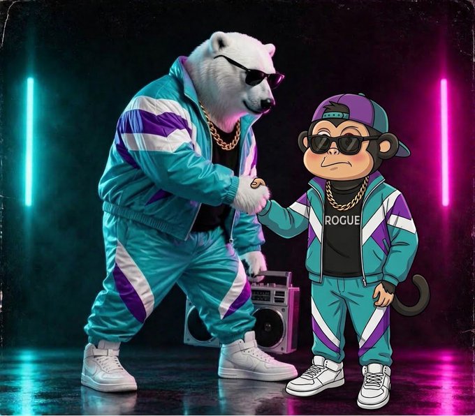 Stylized illustration of a polar bear wearing sunglasses, a teal tracksuit, and gold chain, fist-bumping a cartoon monkey character in matching attire next to a boombox with neon lighting.
