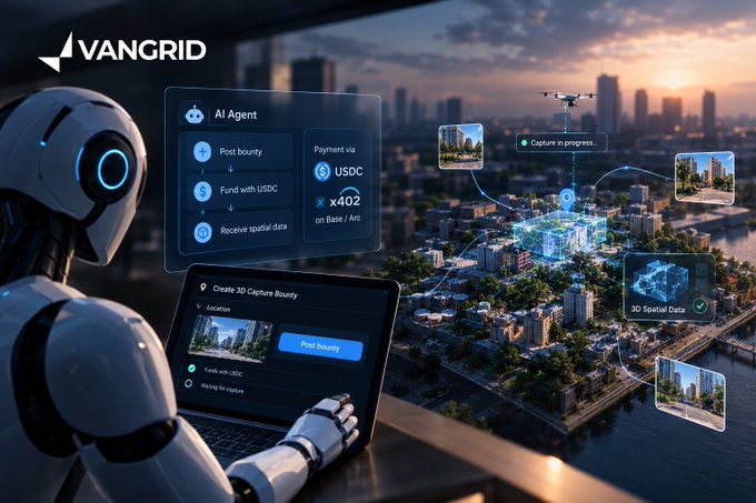https://example.com/image6.jpg

The image is a promotional graphic for "VANGRID," showcasing a futuristic robot interacting with an interface to post bounties using USDC and x402 protocols. The background features a cityscape with a drone capturing 3D spatial data.