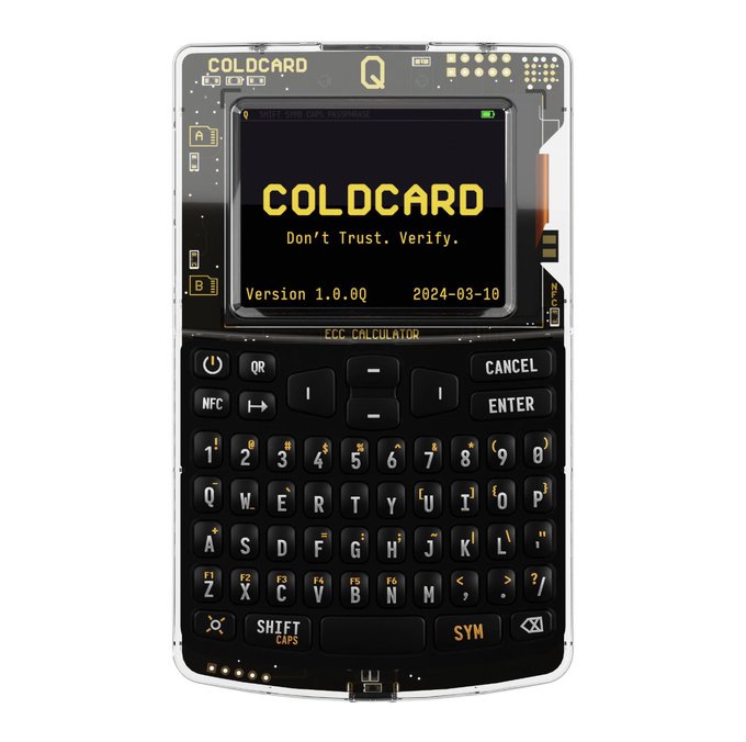 A Coinkite COLDCARD Q hardware wallet device displaying its boot screen with the slogan 'Don't Trust. Verify.' and Version 1.0.0Q dated 2024-03-10.