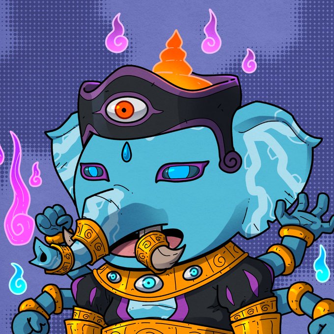 A cartoon illustration of a blue elephant-like deity wearing an ornate gold and purple ceremonial headdress with a glowing orange flame on top, surrounded by mystical pink and blue flames.