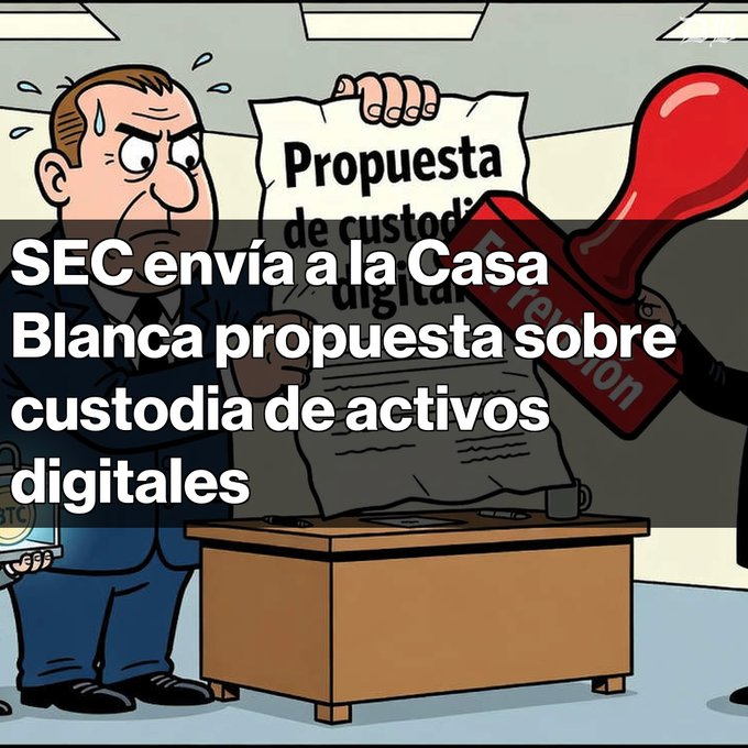 A cartoon graphic showing a sweating man receiving a document labeled 'Propuesta de custodia digitales' that is being stamped 'Approved', with overlaid text reading 'SEC envía a la Casa Blanca propuesta sobre custodia de activos digitales'.
