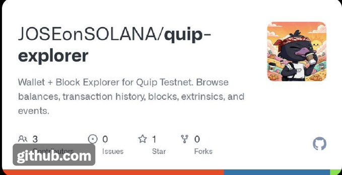 The image features a poster or card with information about a wallet and block explorer, specifically QuipTestnet. It has a cartoon character of a cat holding a book titled "quip testnet" along with some text that reads "@quipnetwork The community is building non-stop. @NucleusCodes @sleepagotchi @JOSEonsol just launched a Wallet and Block Explorer for our Testnet. Fully developed by the community Self-sustaining and continuously improving The official Explorer will be out soon."
