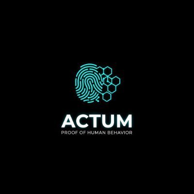 Black logo screen displaying 'ACTUM' with tagline 'PROOF OF HUMAN BEHAVIOR' alongside a cyan fingerprint and hexagonal design.
