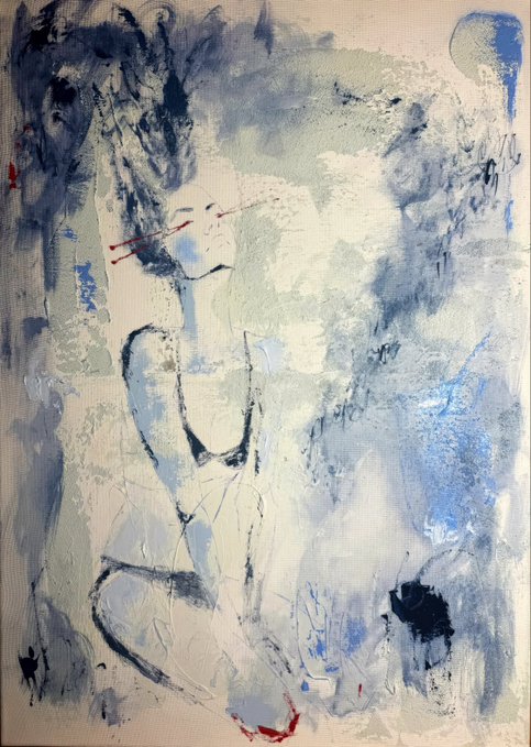 An abstract oil painting on canvas (50x70cm) featuring a ghostly female figure rendered in muted blues, grays, and whites with expressive, textured brushstrokes that evoke the alienation and struggle against conformity referenced in the Rudyard Kipling quote about individuality. The ethereal, isolated form of the woman wandering through dreamlike washes of color visually embodies the loneliness and fear of standing apart from the tribe.