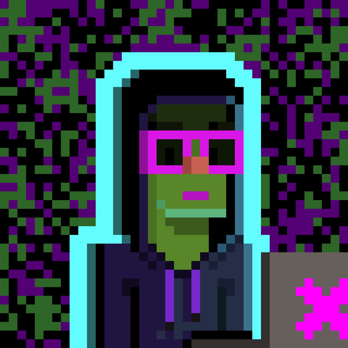 The image features a cartoon character wearing glasses, a hoodie, and a pink shirt with an X on it. The character appears to be holding a pink object or a pink box. The background of the image consists of purple and green colors, giving it a digital art style appearance. The caption below the image reads: "Feels good to post our @XCOPYART honorary."