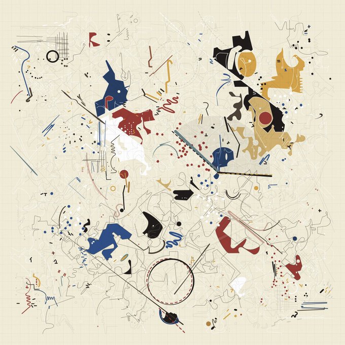An abstract artwork featuring scattered geometric shapes, scribbles, and figures in red, blue, black, and gold against a beige grid background.