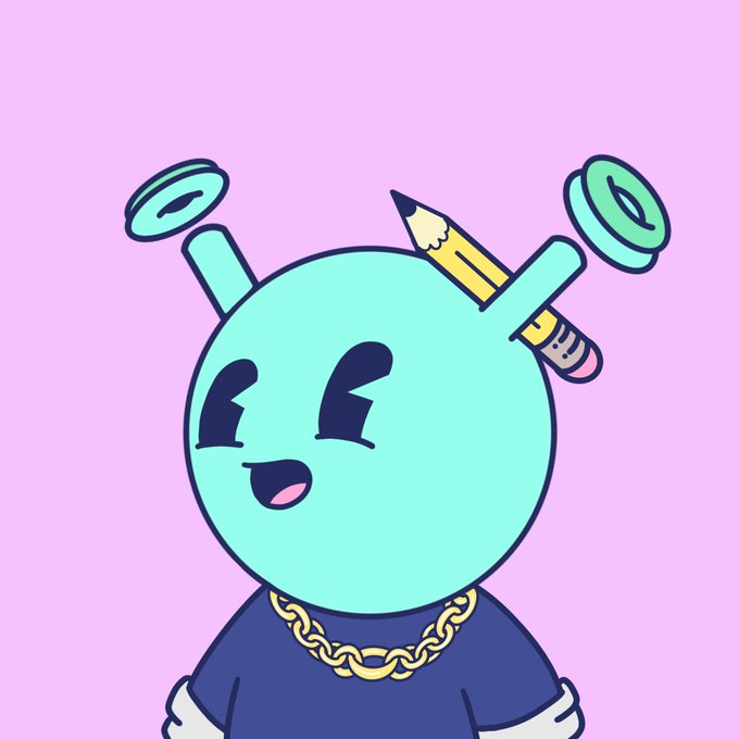 A cartoon mint-green character with a pencil and two spinning discs on antennae wears a gold chain necklace over a navy shirt on a pink background.