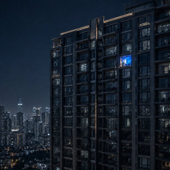 A solitary figure stands illuminated in a blue-lit apartment high above a dense nighttime cityscape, as if awake while the rest of the city sleeps—capturing the quiet "Still up?" moment of late-night solitude.