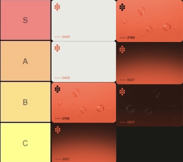 Color palette grid displaying tiers S, A, B, and C with corresponding color codes including #0420, #2789, #6927, and #0837, featuring red and orange gradient swatches.