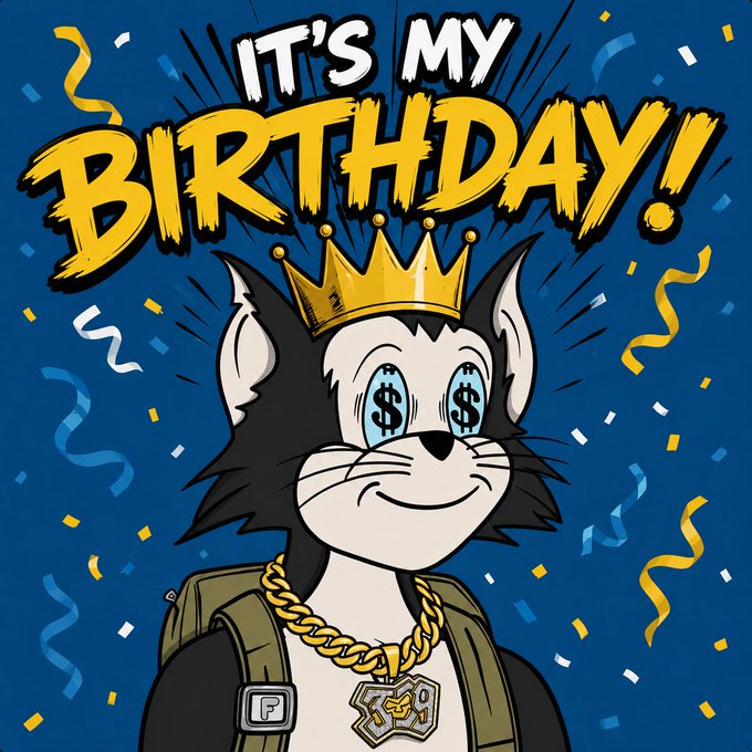 The image features a cartoon cat wearing a gold chain around its neck with the caption "It's my birthday!" written above it, surrounded by confetti. The text also includes the words "YERRRRRRRRRR" which could be interpreted as "You've got yourself a great year!".