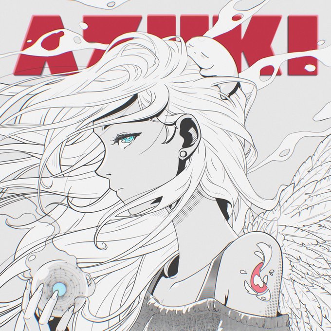 A manga-style illustration features a character with flowing white hair, an eye patch, and angelic wings, with the red 'AZUKI' logo behind them.