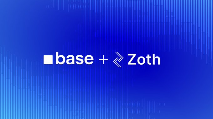 A blue promotional graphic displaying the text 'base + Zoth' with the Base logo.