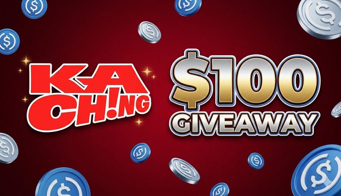 The image features a promotional poster for a giveaway, with two different logos displayed side-by-side against a red background. The text "KA CHING" is written in white letters above one logo, while the other logo has a blue background and the words "GIVEAWAY" written below it. The post also includes a list of requirements for participants to enter the giveaway, such as logging into an account or making a deposit.