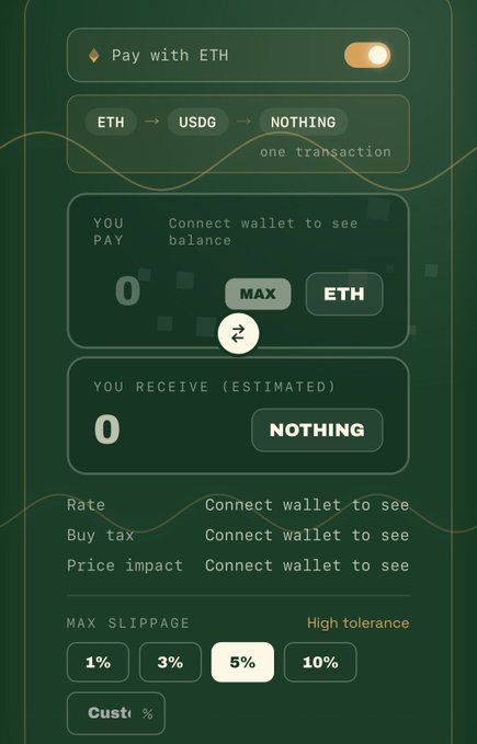 A dark green cryptocurrency swap interface shows an ETH → USDG → NOTHING conversion route in one transaction, with the "Pay with ETH" toggle enabled. The current state displays a $0 balance with prompts to "Connect wallet to see balance" and shows a 5% max slippage selection, indicating a newly launched $NOTHING token swap that aligns with the post's announcement of dedicated $NOTHING swap and direct ETH routing now live on their site.