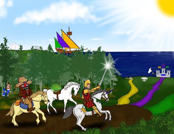 Two medieval knights on horseback race across a fantasy landscape with a rainbow road leading toward a castle, while a pirate ship sails nearby and a princess figure stands to the side. The whimsical, meme-style imagery playfully illustrates the post's absurd "market cap battle" narrative, with the heroic knights representing coins like Stellar Lumens and Mario charging ahead while Luigi faces defeat.