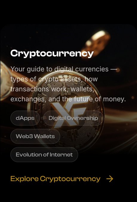 A dark promotional card featuring a gold XRP coin in the background, with the heading "Cryptocurrency" and a description reading "Your guide to digital currencies — types of crypto assets, how transactions work, wallets, exchanges, and the future of money." It includes category tags for dApps, Digital Ownership, Web3 Wallets, and Evolution of Internet, along with an "Explore Cryptocurrency" call-to-action. The image aligns with the post's emphasis on understanding the regulatory and institutional framework around digital assets like XRP, functioning as an educational gateway to the broader crypto ecosystem.