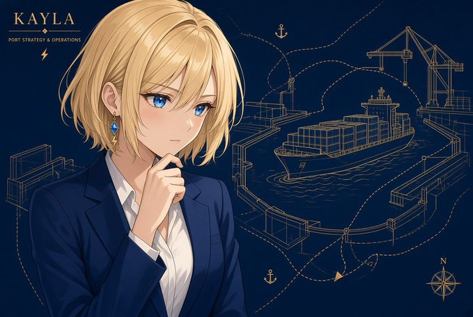 An anime-style illustration labeled 'KAYLA - PORT STRATEGY & OPERATIONS' showing a blonde woman in a navy blazer alongside technical drawings of a cargo ship, cranes, and shipping containers.