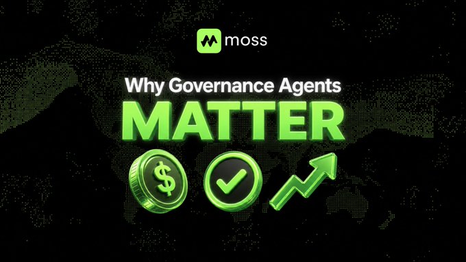 The image is a graphic with a black background featuring a dotted world map, displaying the "moss" logo at the top, along with the text "Why Governance Agents MATTER" and three icons (a dollar coin, a checkmark, and an upward trending arrow). It visually reinforces Moss AI's message that governance should be accessible and incentivized through AI-driven agents, with the icons symbolizing financial value, compliance, and growth.