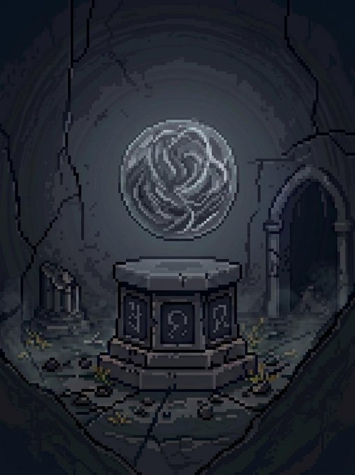 A pixel art image depicting a dark, atmospheric scene with a stone altar or pedestal in the center, topped with a glowing, swirling spiral sigil, set within a shadowy stone archway or chamber.