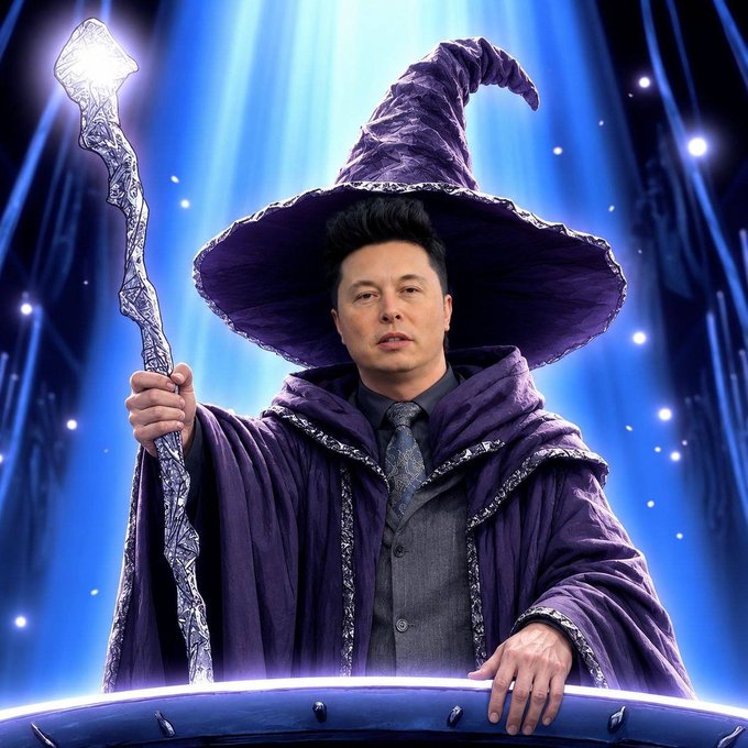 A digitally edited image of Elon Musk dressed as a wizard, wearing a large purple hat and cloak while holding an ornate silver staff against a blue, starry background.