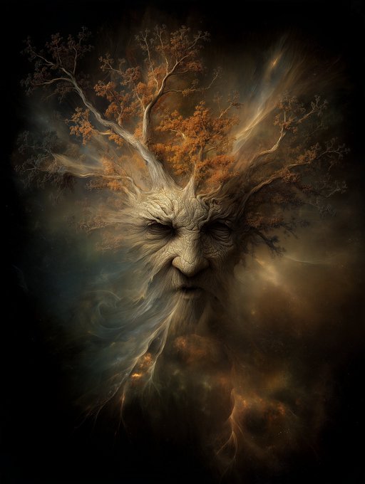A dark fantasy digital artwork depicting a gnarled tree face resembling a Green Man, with a weathered visage and branches adorned with autumn-colored leaves emerging from its head.