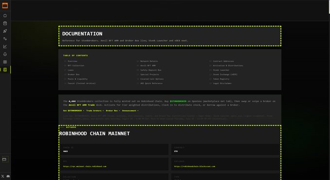 A documentation page for "StonkBrokers" displayed on a dark-themed website, featuring a Table of Contents with sections like Overview, NFT Collection, Buy, and Token Registry, alongside information about the 8,888 StonkBrokers collection and Robinhood Chain Mainnet details. The page explains how each NFT is connected to an ERC-6551 wallet and how protocol fees are used to purchase real stock tokens distributed as dividends, directly relating to the model's comparison with $Mancers.