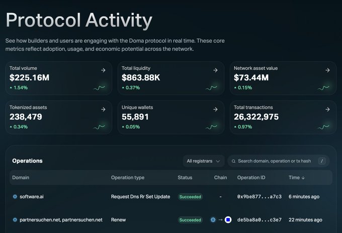 Doma Protocol Activity dashboard showing metrics including $225.16M total volume, $863.88K total liquidity, $73.44M network asset value, 238,479 tokenized assets, 55,891 unique wallets, and 26,322,975 total transactions.