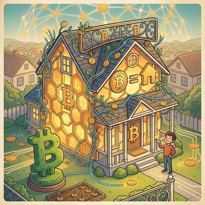 A colorful illustration of a Bitcoin-themed house with the letter 'B' symbols on the roof and walls, surrounded by vines, with a dog character and a boy standing at the door.