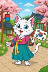 A cartoon white cat wearing a colorful hanbok (traditional Korean dress) holds a small South Korean flag in front of a traditional building with cherry blossoms and a stone lantern.