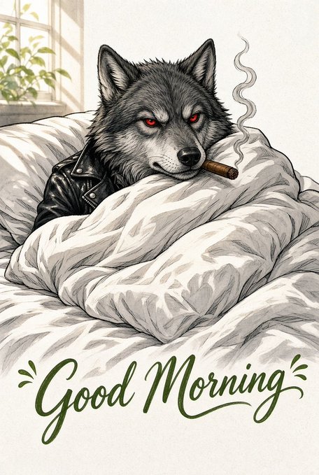 An illustration of a gray wolf wearing a black leather jacket and smoking a cigar, tucked into white bedding with the cursive green text 'Good Morning' at the bottom.