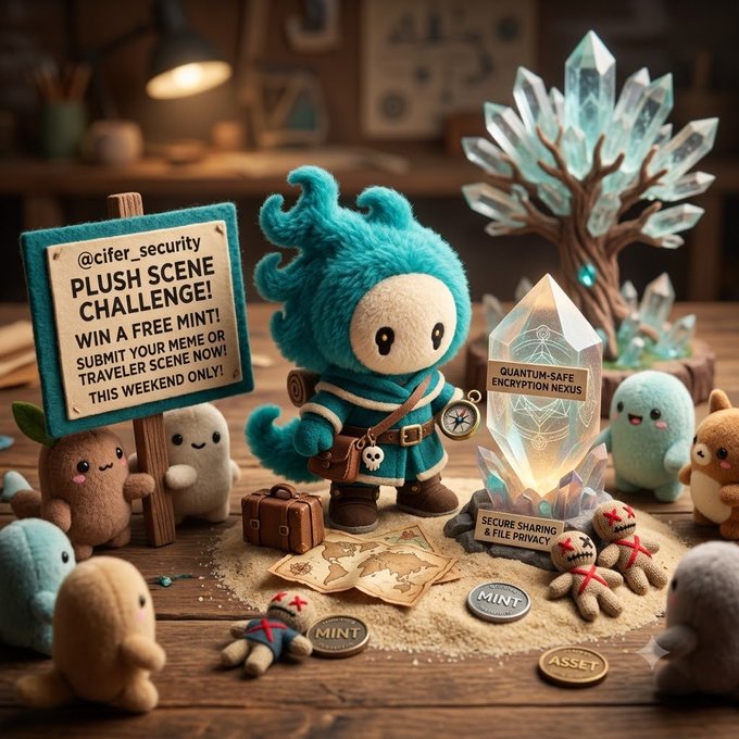 A cute plush scene featuring a blue-haired plush character in a cloak standing next to a sign advertising a 'PLUSH SCENE CHALLENGE' by @cifer_security to win a free mint, surrounded by crystals labeled 'QUANTUM-SAFE ENCRYPTION NEXUS' and small plush mascots.