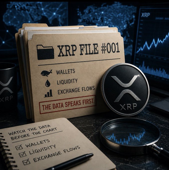 An XRP cryptocurrency themed graphic showing a folder labeled 'XRP FILE #001' with checklist items 'WALLETS', 'LIQUIDITY', 'EXCHANGE FLOWS', and the slogan 'THE DATA SPEAKS FIRST.' next to a silver XRP coin.