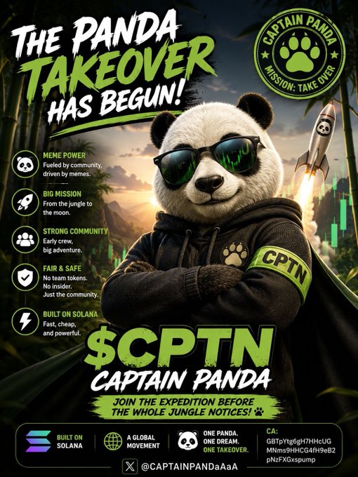 A promotional poster for the $CPTN Captain Panda meme coin features a stylized panda wearing sunglasses and a "CPTN" armband with a rocket launching in the background, highlighting key features like "Meme Power," "Big Mission," "Strong Community," and "Built on Solana" along with the contract address (GBTpYtg6gH7HHcUGMNms9HHCG4fH9eB2pNzFXGxspump). The bold "The Panda Takeover Has Begun!" headline and jungle imagery directly reinforce the post's "mission to take over the jungle" theme, inviting early community members to join the expedition.