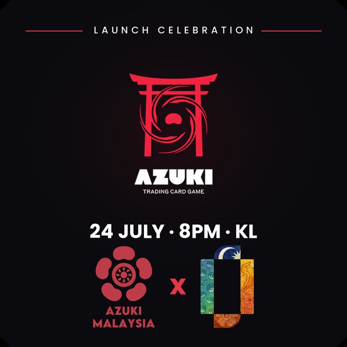 A promotional graphic for "AZUKI TRADING CARD GAME" launch celebration on "24 JULY · 8PM · KL", featuring the Azuki logo and a collaboration with Azuki Malaysia.