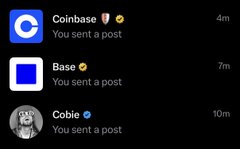 A dark-themed app notification screen showing recent posts from Coinbase ('You sent a post'), Base ('You sent a post'), and Cobie ('You sent a post').