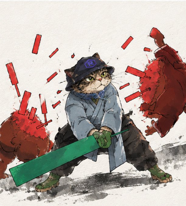 A samurai-style cat wielding a glowing green blade prepares to strike down red bears, symbolizing the imminent "bear extinction event" for $RAY and $RAYCAT. The cat's confident stance amid the chaos of splintering bears represents the bullish rally wiping out bearish positions.