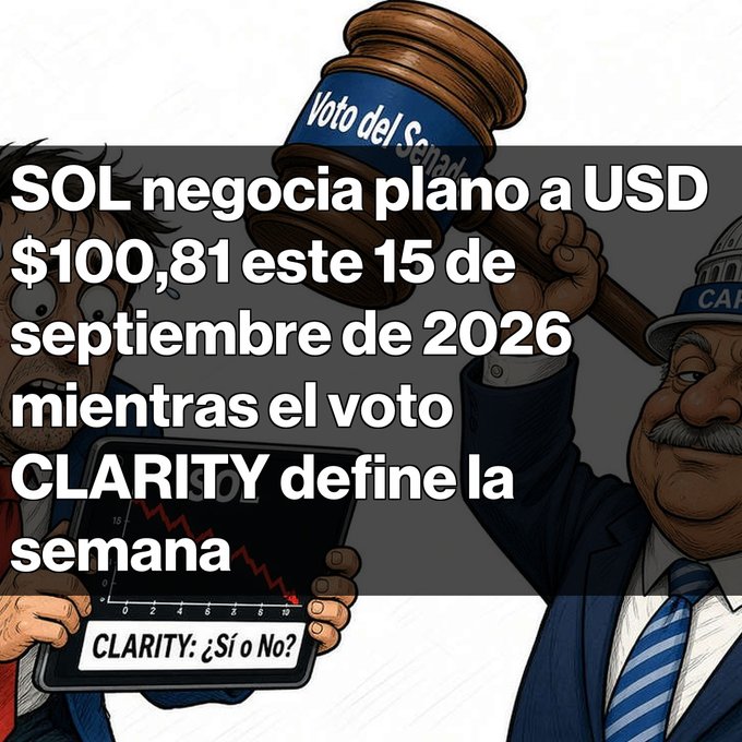 Cartoon-style image with text: "SOL negocia plano a USD $100,81 este 15 de septiembre de 2026 mientras el voto CLARITY define la semana."