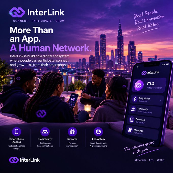 A promotional graphic for InterLink features four young adults gathered on a rooftop with a city skyline at dusk, alongside a smartphone mockup displaying the InterLink app with menu items like "ITLG Participation Token," "Daily Mining," "Community," "Newsfeed," and "Mini Apps." The tagline reads "More Than an App. A Human Network," highlighting how InterLink builds an ecosystem where users can connect, participate, and grow through their smartphone.