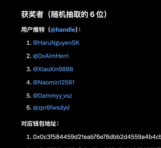 A Chinese announcement congratulates 6 randomly selected winners (@HaruNguyenSK, @0xAimHerri, @XiaoXin9888, @Naomin12581, @Dammyy_vsz, @zpr6fwsdyd) and begins listing their corresponding cryptocurrency wallet addresses, beginning with "0x0c3f584459d21eab76e76dbb2d4559a4b4cb..."